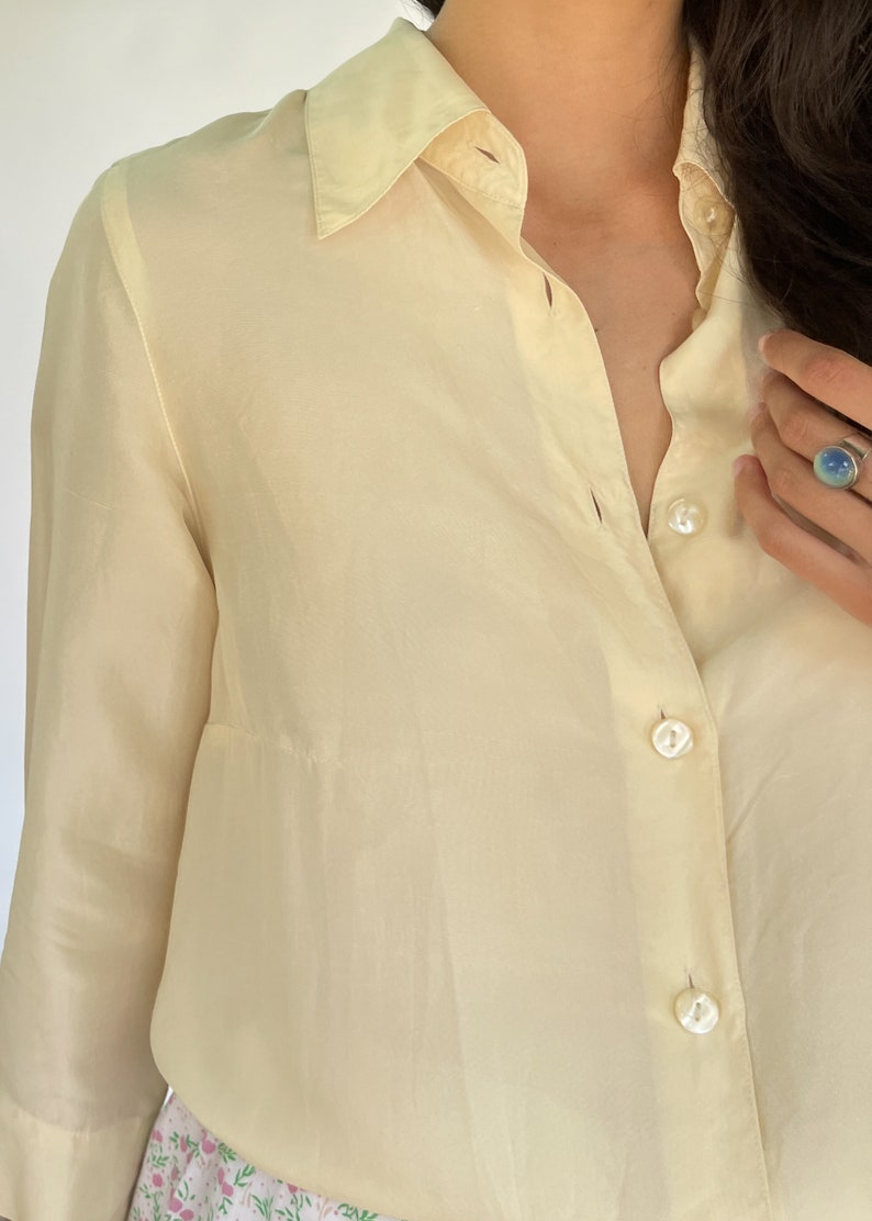 Vintage Cream Silk Collared Button Up Shirt XS S shirt with collar button down silky blouse lolita white off white neutral minimal image 4