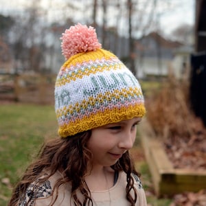 Child/Teen size personalized custom knit hat. You choose the name, colors and other design. Made to order.