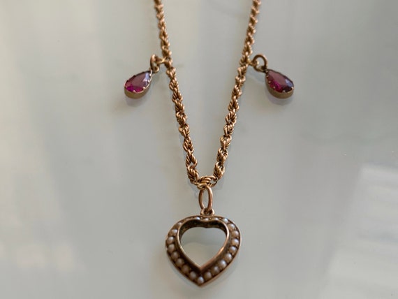 15ct Gold Antique Necklace with 9ct Heart & Drops. - image 2