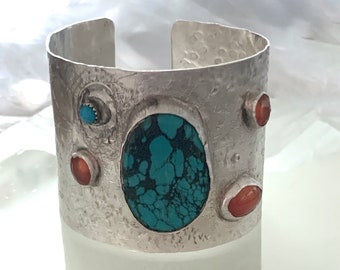 Sterling Silver Turquoise set Wide Cuff