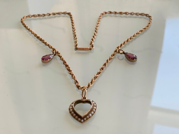 15ct Gold Antique Necklace with 9ct Heart & Drops. - image 6
