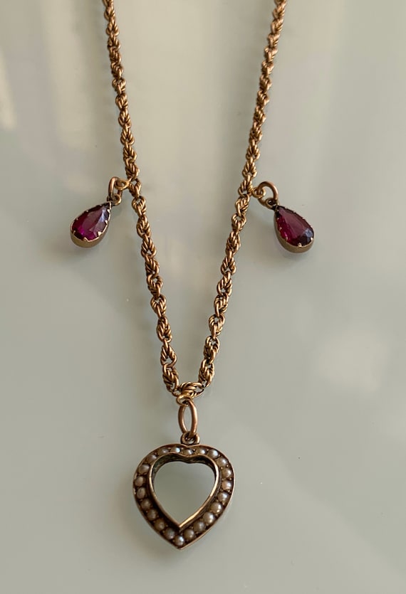 15ct Gold Antique Necklace with 9ct Heart & Drops. - image 1