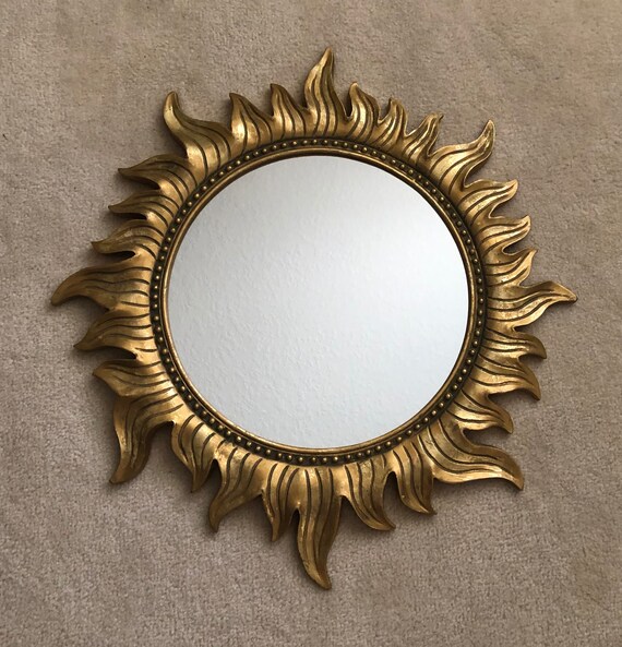 Large Gilt Wood Sunburst Mirror Hand Carved Unique Gold Sunflower Bohemian