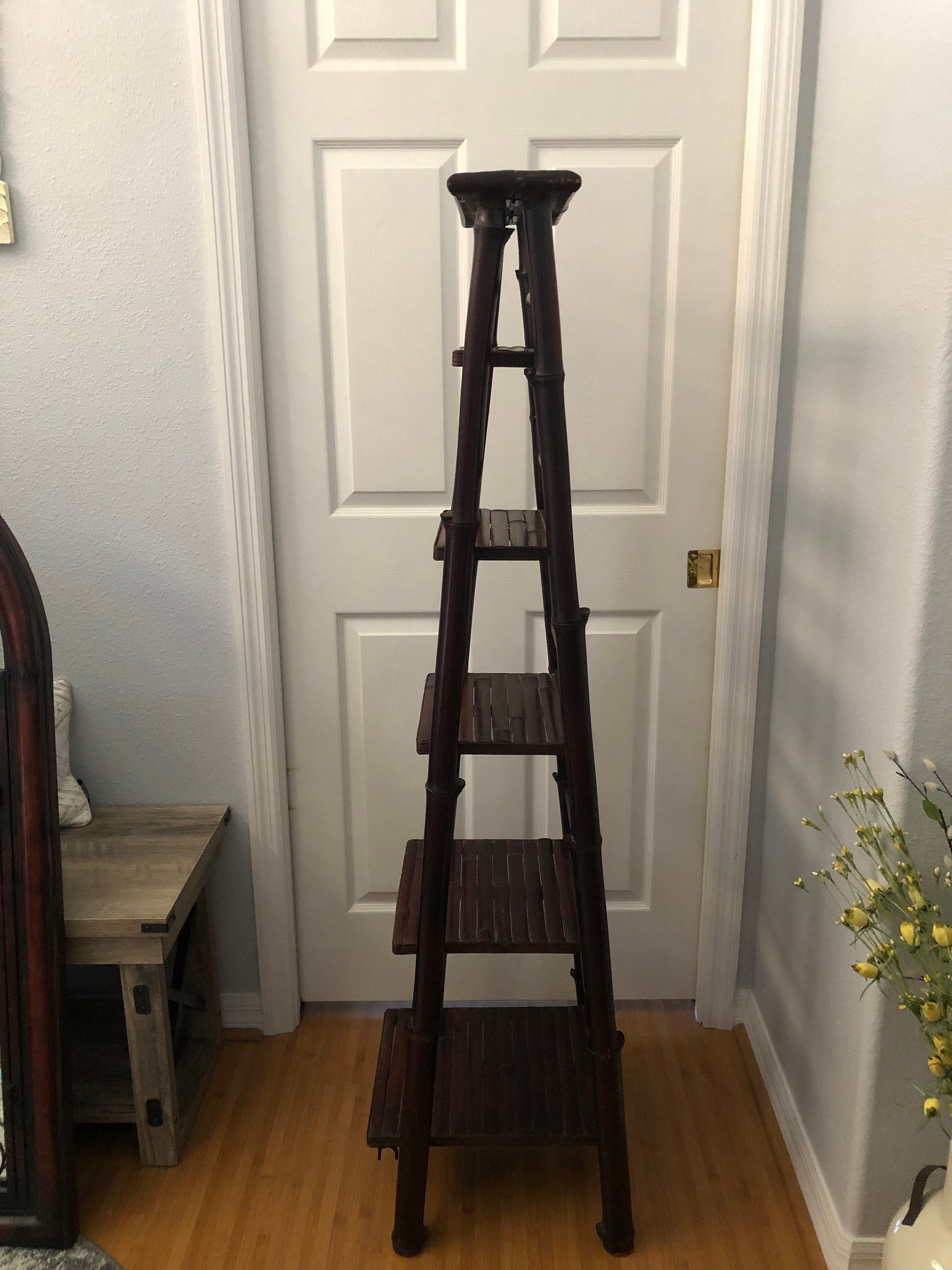 Vintage Bamboo Ladder Shelf, 5 Tier Foldable Ladder, Boho, Casual