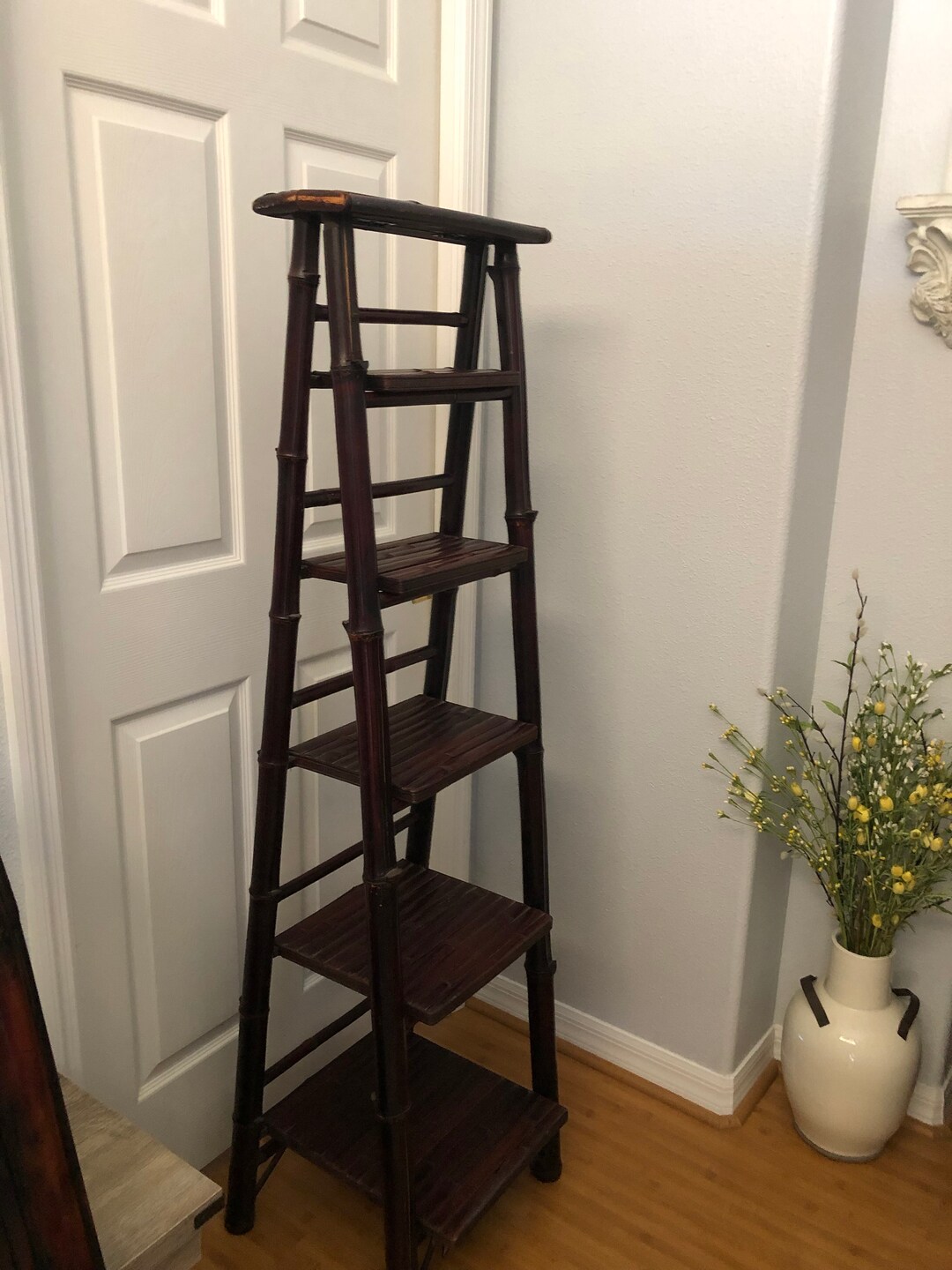 Vintage Bamboo Ladder Shelf, 5 Tier Foldable Ladder, Boho, Casual