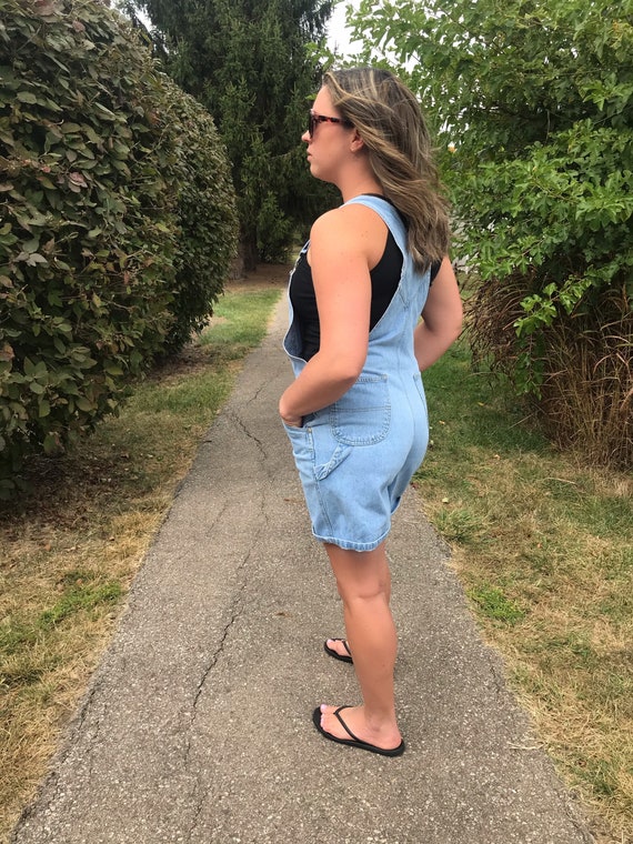 Vintage Light Denim Carreau Overall Shorts, Jean O