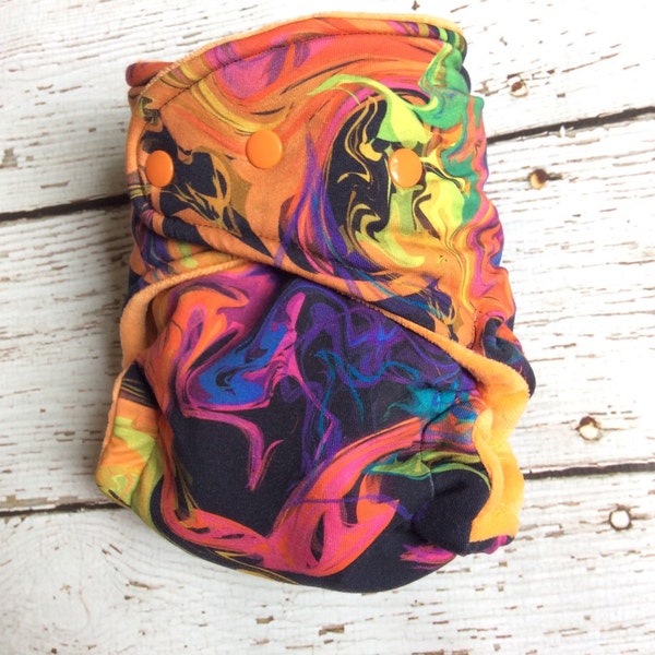 Rainbow Smoke with orange cv One Size Hybrid Fitted Cloth Diaper