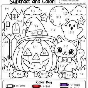以下が含まれることがあります： ハロウィーンをテーマにした引き算と塗り絵の白黒ワークシート。魔女の帽子をかぶったジャック・オー・ランタン、蝶ネクタイをした猫、お化け、月、幽霊屋敷が描かれています。ページ下部には算数の問題と色のキーが記載されています。