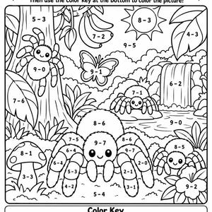 May include: A black and white educational coloring page titled Tarantulas Subtract and Color! featuring tarantulas, a butterfly, a waterfall, and mushrooms. Each section contains a subtraction math problem and a color key at the bottom.