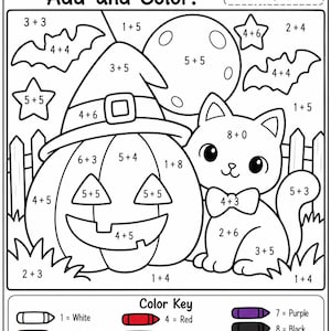 May include: A black and white Halloween math worksheet featuring a jack-o'-lantern wearing a witch hat, a cat, bats, and a moon. The page includes addition problems, a color key with numbers one through ten, and the text Halloween Add and Color!