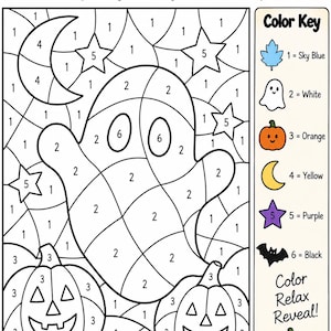 May include: A Halloween Mystery Mosaic color-by-number activity sheet featuring a ghost, two jack-o'-lanterns, a crescent moon, and stars. The page includes a color key with numbers one through six corresponding to sky blue, white, orange, yellow, purple, and black.