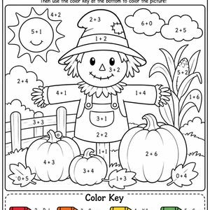 May include: A black and white educational worksheet titled Fall Add and Color! featuring a scarecrow, pumpkins, corn, and a sun. The page contains various addition problems within each section and a color key at the bottom with crayons.