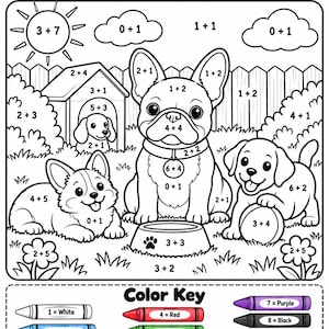 Könnte beinhalten: Eine schwarz-weiße pädagogische Malvorlage mit dem Titel Puppy Add and Color! mit drei Welpen, einer Hundehütte, einer Sonne und Wolken. Jeder Bereich enthält eine einfache Additionsaufgabe und einen Farbschlüssel mit zehn Buntstiften.