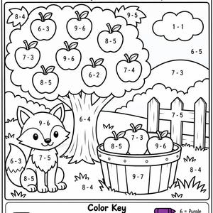 May include: A black and white educational worksheet titled Fall Subtract and Color featuring a fox, an apple tree, and a basket of apples. Each section contains a subtraction problem to solve, with a color key at the bottom for coloring.