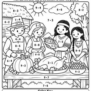 以下が含まれることがあります： 感謝祭をテーマにした白黒の引き算と塗り絵のワークシート。4人の人物、七面鳥、カボチャ、テーブルが描かれたシーンに算数の問題が配置されています。下部には0から9までの数字に対応する色を示すカラーキーがあります。