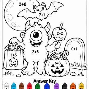 May include: A black and white Halloween Add and Color worksheet featuring a one-eyed monster, a bat, a moon, a tombstone, and candy buckets. The page includes math addition problems and an answer key with ten numbered crayons labeled with colors.