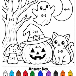 May include: A black and white Halloween Add and Colour worksheet featuring a tree, ghost, crescent moon, witch hat on a pumpkin, and a cat. Each element contains a simple addition math problem. An answer key at the bottom shows ten numbered crayons.