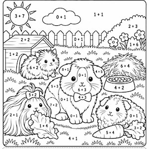 May include: A black and white educational coloring page titled Guinea Pigs Add and Color! featuring three guinea pigs, a hutch, a sun, clouds, and a carrot. The page includes various addition math problems and a color key at the bottom with numbers one through ten corresponding to specific colors.
