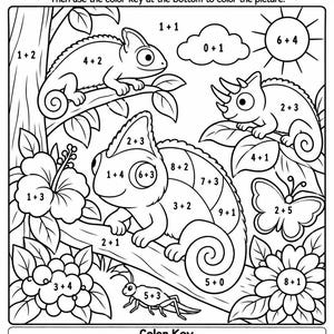 Chameleons Add and Learn Color by Number Addition Math Practice Worksheet Coloring Page