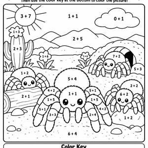 May include: A black and white educational coloring page titled Tarantulas Add and Color! featuring three cartoon tarantulas in a desert landscape with addition problems in each section and a color key at the bottom with numbers one through ten.