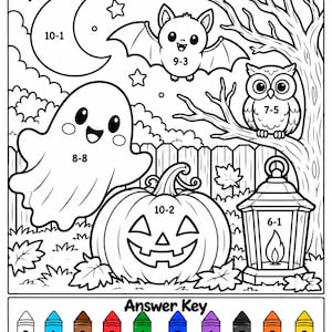 Könnte beinhalten: Ein schwarz-weißes Halloween Subtract and Color Arbeitsblatt mit einer Mondsichel, einer Fledermaus, einem Geist, einem Kürbis, einer Eule auf einem Ast und einer Laterne. Darunter befindet sich ein Lösungsschlüssel mit zehn nummerierten Stiften.