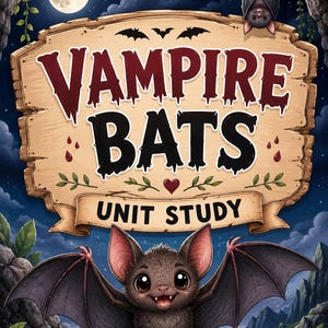 May include: A digital illustration featuring a wooden sign with the text VAMPIRE BATS UNIT STUDY. A small brown bat with large eyes and wings spread wide sits on a rock, while another bat hangs from the top of the sign under a full moon and night sky.