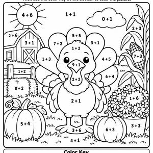 May include: A black and white Thanksgiving Add and Color worksheet featuring a turkey, pumpkins, a barn, and corn. The page includes addition problems in each section and a color key at the bottom with numbers one through ten corresponding to colors.