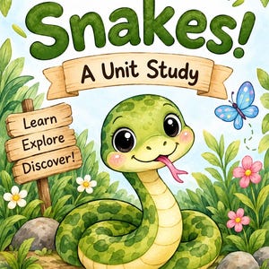 Può includere: Una copertina educativa intitolata All About Snakes! A Unit Study con un serpente verde dei cartoni animati con occhi grandi e lingua rosa. L'immagine include un cartello in legno con Learn, Explore, Discover!, una farfalla blu, fiori e una riga vuota per un nome.