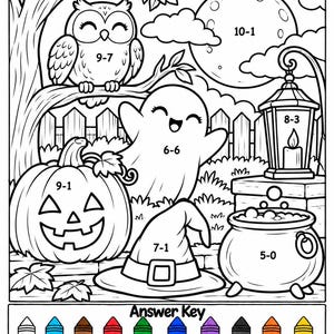 May include: A black and white Halloween subtract and colour worksheet featuring an owl, a ghost, a pumpkin, a witch hat, a lantern, and a cauldron. Each element contains a subtraction maths problem. An answer key with coloured crayons is at the bottom.