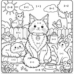 May include: A black and white educational coloring page titled Cats Add and Color featuring three cats, a sun, clouds, a tree, a butterfly, a watering can, and flowers. Each section contains a simple addition math problem and a color key at the bottom.