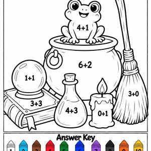 May include: A black and white Halloween coloring page titled Halloween Add and Color featuring a frog, cauldron, crystal ball, book, potion bottle, candle, and broomstick with math problems. An answer key with ten numbered crayons is at the bottom.