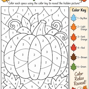 以下が含まれることがあります： カボチャの輪郭と周囲の葉が描かれた「Fall Mystery Mosaic」の番号塗り絵アクティビティシート。ページには1から6までの番号に対応するスカイブルー、ライトオレンジ、ダークオレンジ、レッド、ブラウン、グリーンのカラーキーが含まれています。