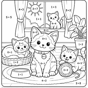 May include: A black and white coloring page titled Kittens Add and Color! featuring three kittens, a window with a sun, a potted plant, and a food bowl. Each section contains a simple addition math problem and a color key at the bottom.
