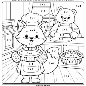 May include: A black and white Thanksgiving Add and Color worksheet featuring a fox wearing a chef hat and apron holding a pie, and a bear using a rolling pin. The page includes addition problems in each section and a color key at the bottom.