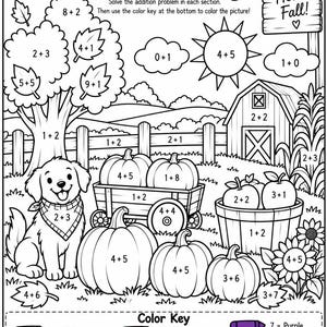 Autumn Color by Number with addition Fall Pumpkin Patch coloring sheet kindergarten early elementary