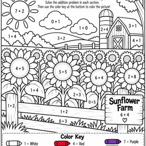 May include: A black and white printable worksheet titled Sunflower Farm Add and Color featuring a farm scene with sunflowers, a barn, a silo, and clouds. Each section contains a simple addition math problem and a color key at the bottom.