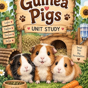 May include: A Guinea Pigs Unit Study educational poster featuring three guinea pigs in a grassy area with a wooden sign, a small shelter, a water bottle, a food bowl labelled Happy Guinea Pigs, and two carrots, with text Learn, Explore, Discover, Grow.