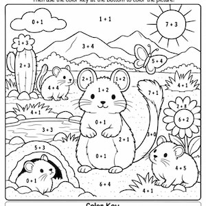 Gerbils Add and Color by Number Math Addition Practice Coloring Page