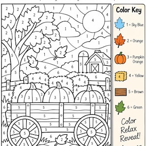 Może przedstawiać: Arkusz do kolorowania według numerów Autumn Mystery Mosaic przedstawiający scenę z farmy z wozem, dyniami, stodołą i drzewami. Strona zawiera klucz kolorów z numerami od jednego do sześciu odpowiadającymi kolorom błękitnemu, pomarańczowemu, dyniowemu, żółtemu, brązowemu i zielonemu.