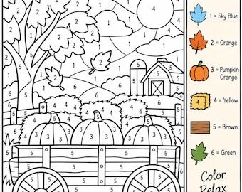 Peut inclure: Une feuille d'activité de coloriage par numéro Autumn Mystery Mosaic représentant une scène de ferme avec une charrette, des citrouilles, une grange et des arbres. La page inclut une légende avec les chiffres un à six pour bleu ciel, orange, orange citrouille, jaune, marron et vert.