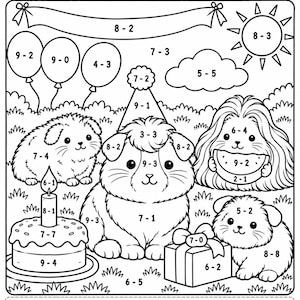 May include: A black and white coloring page titled Guinea Pigs Subtract and Color! featuring three guinea pigs, a birthday cake, balloons, a sun, and a gift. The page includes various subtraction math problems and a color key at the bottom.