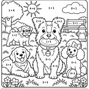 Könnte beinhalten: Eine schwarz-weiße pädagogische Malvorlage mit dem Titel Dog Add and Color! mit vier Hunden, einer Sonne, einer Wolke, einer Bank und einem Hydranten. Jeder Abschnitt enthält eine einfache Additionsaufgabe und einen Farbschlüssel von 1 bis 10.