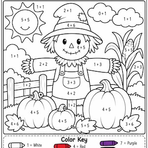 May include: A black and white educational coloring page titled Fall Add and Color! featuring a scarecrow, pumpkins, corn, and a sun. The worksheet includes addition problems in each section and a color key at the bottom with crayons labeled 1-10.
