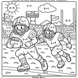 May include: A black and white coloring page titled Football Add and Color! featuring two football players in helmets and uniforms on a field. The page includes addition problems within the drawing and a color key at the bottom with numbers 1 through 10.