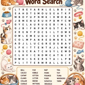 Op de afbeelding: Een Cat & Kitten woordzoeker-puzzelblad met een letterraster, een lijst met te zoeken woorden en illustraties van kittens, bollen wol, manden en kattenspeelgoed. De tekst Cat & Kitten Word Search staat bovenaan met pootafdrukken.