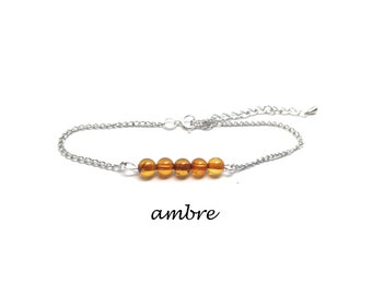 bracelet pierre naturelle, bracelet femme, bracelet en acier inoxydable réglable, ambre, cadeau maman fait mains