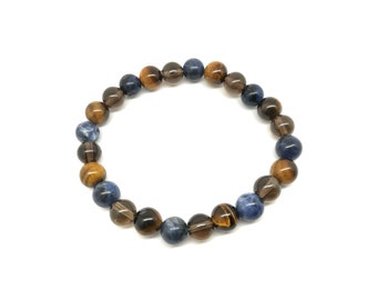 Bracelet en pierres naturelles hommes ou unisexe, extensible, cadeau artisanal en sodalite, quartz fumé et oeil de tigre, bijou  protection