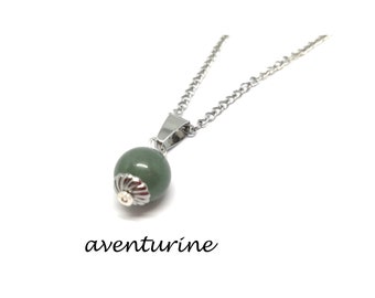 Pendentif en Pierre Naturelle de protection aventurine et sa chaine 45 cms en acier, Cadeau femme fait mains, domidora