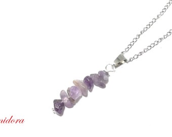 Pendant in Natural Stone of amethyst protection and its 45 cm steel chain, Handmade women's gift, domidora