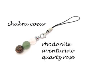 Bijou de téléphone en pierres naturelles pour équlibrer le chakra du coeur, en rhodonite, aventurine et quartz rose, cadeau fait mains